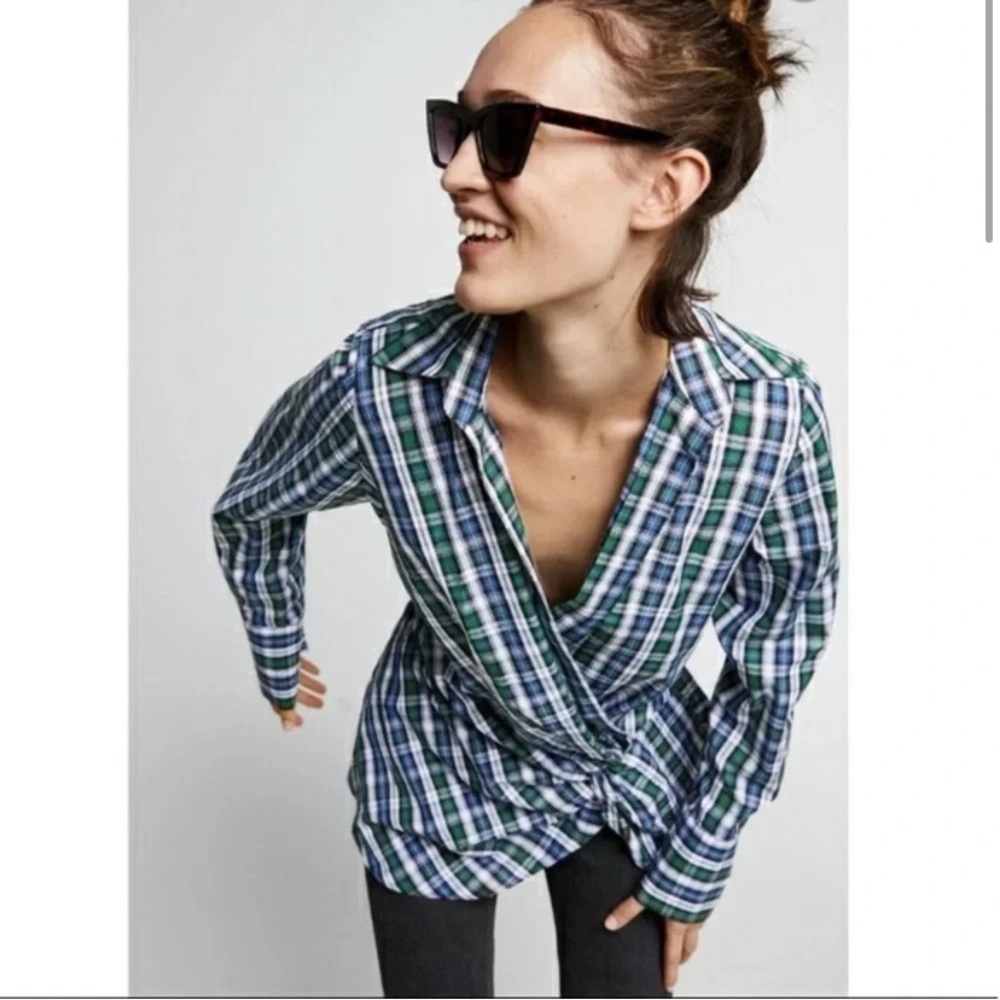 {Zara } Plaid Tartan Draped Twist Wrap Blouse Top ~ Size XS